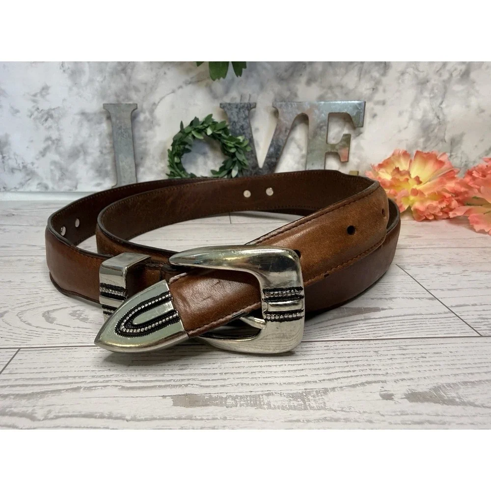 Vintage Brown Silver Tone Buckle Mens Belt Top Grain Leather Size 42 Fits to 44